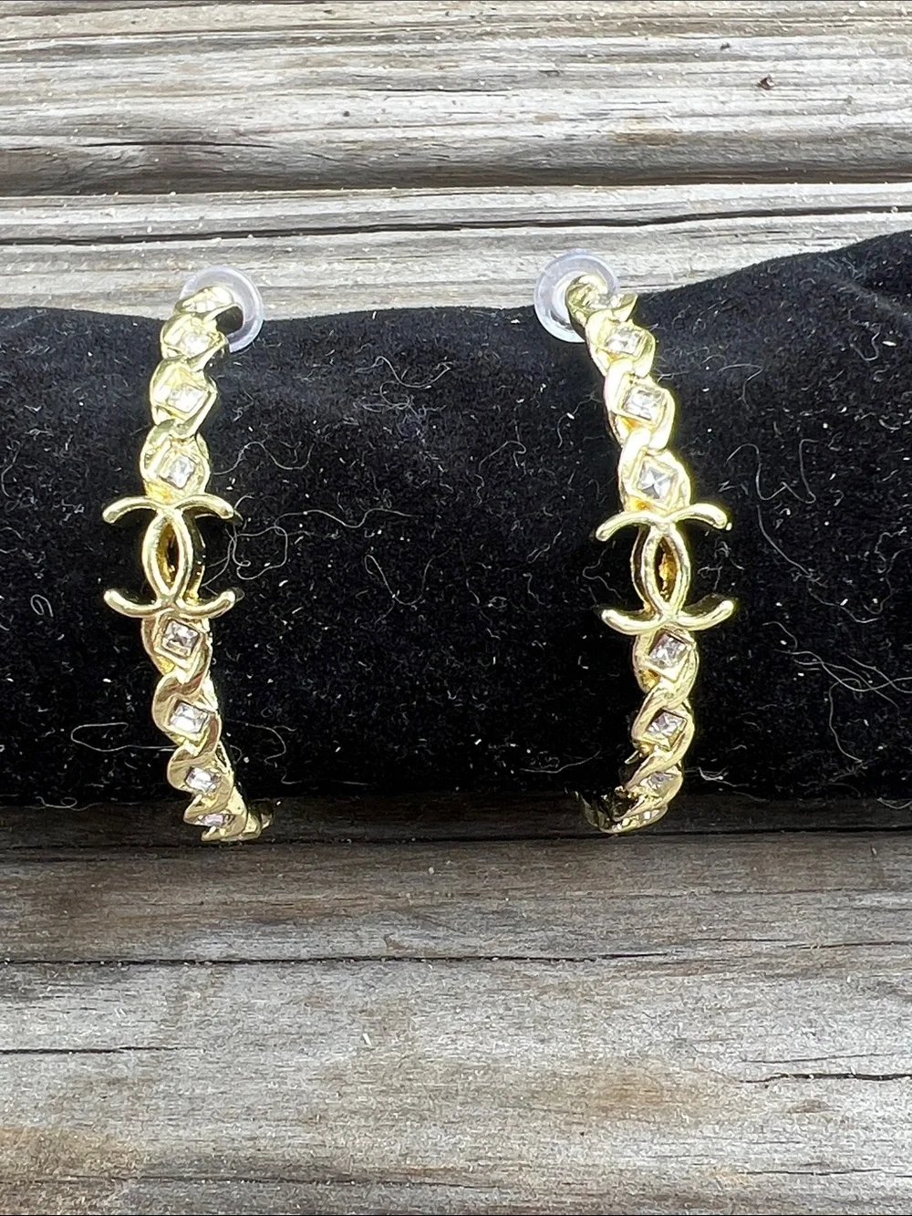 CHANEL Gold-Tone Hoop Earrings with Crystal Accents - Picture 2 of 14